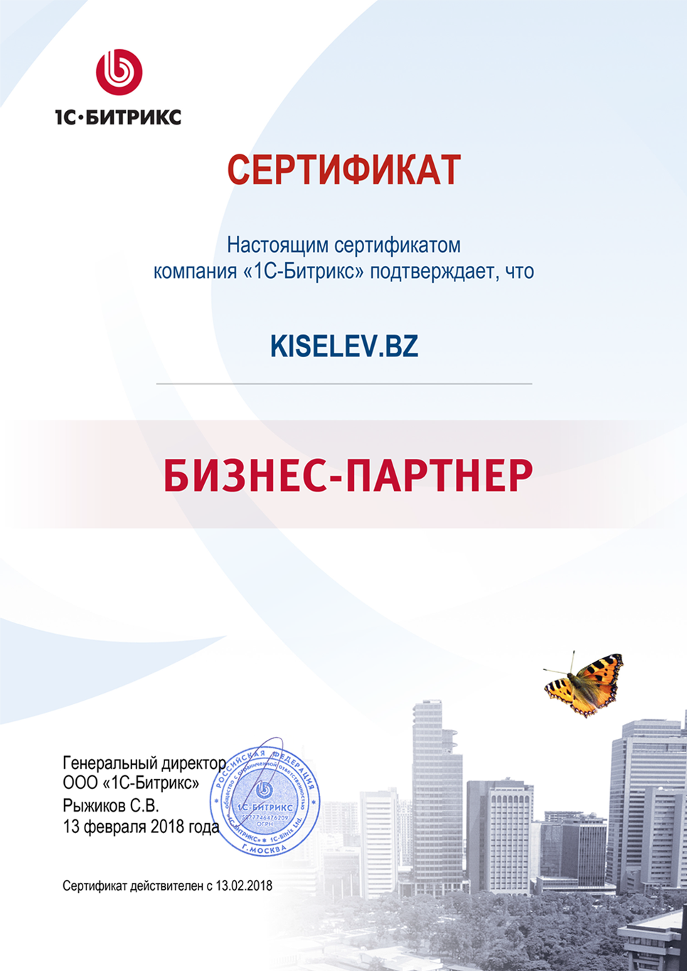 Сертификат партнёра по СРМ системам в Таре